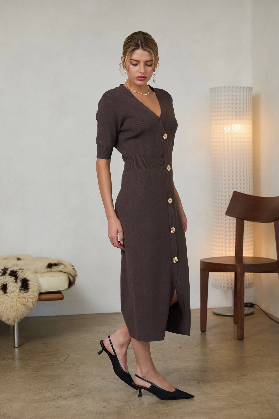 Ribbed Short Sleeve Midi Dress with Gold Buttons Skies are Blue
