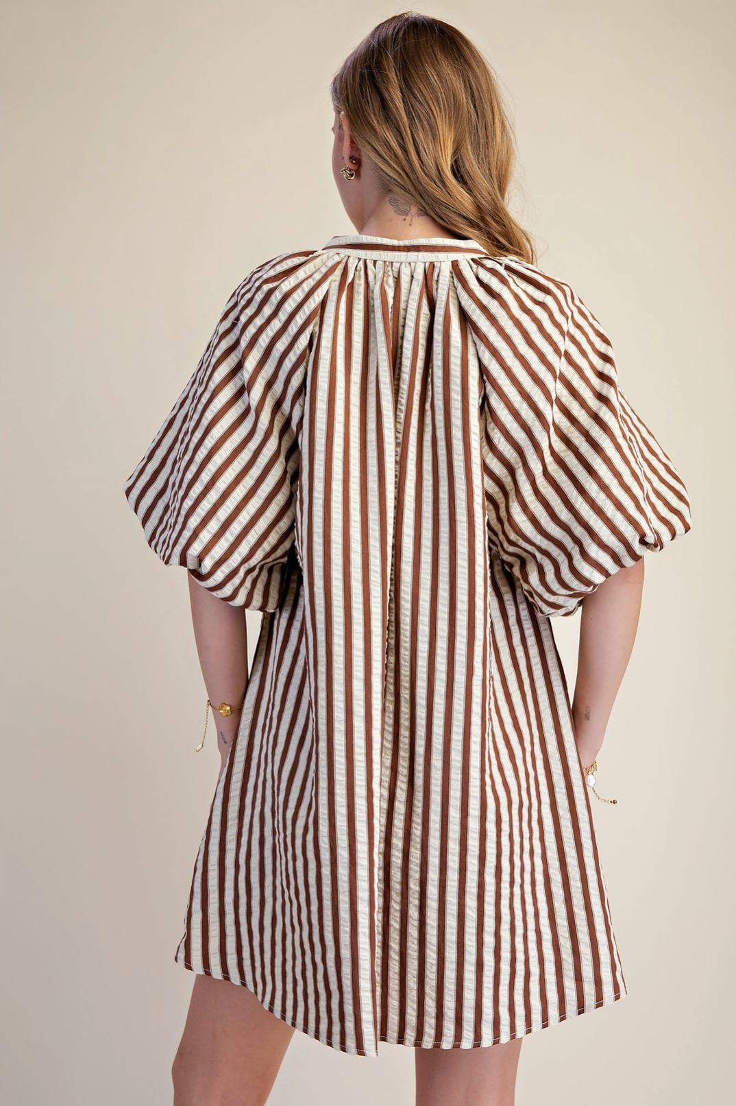 Puff-Sleeve Shift Stripe Mini Dress Glam