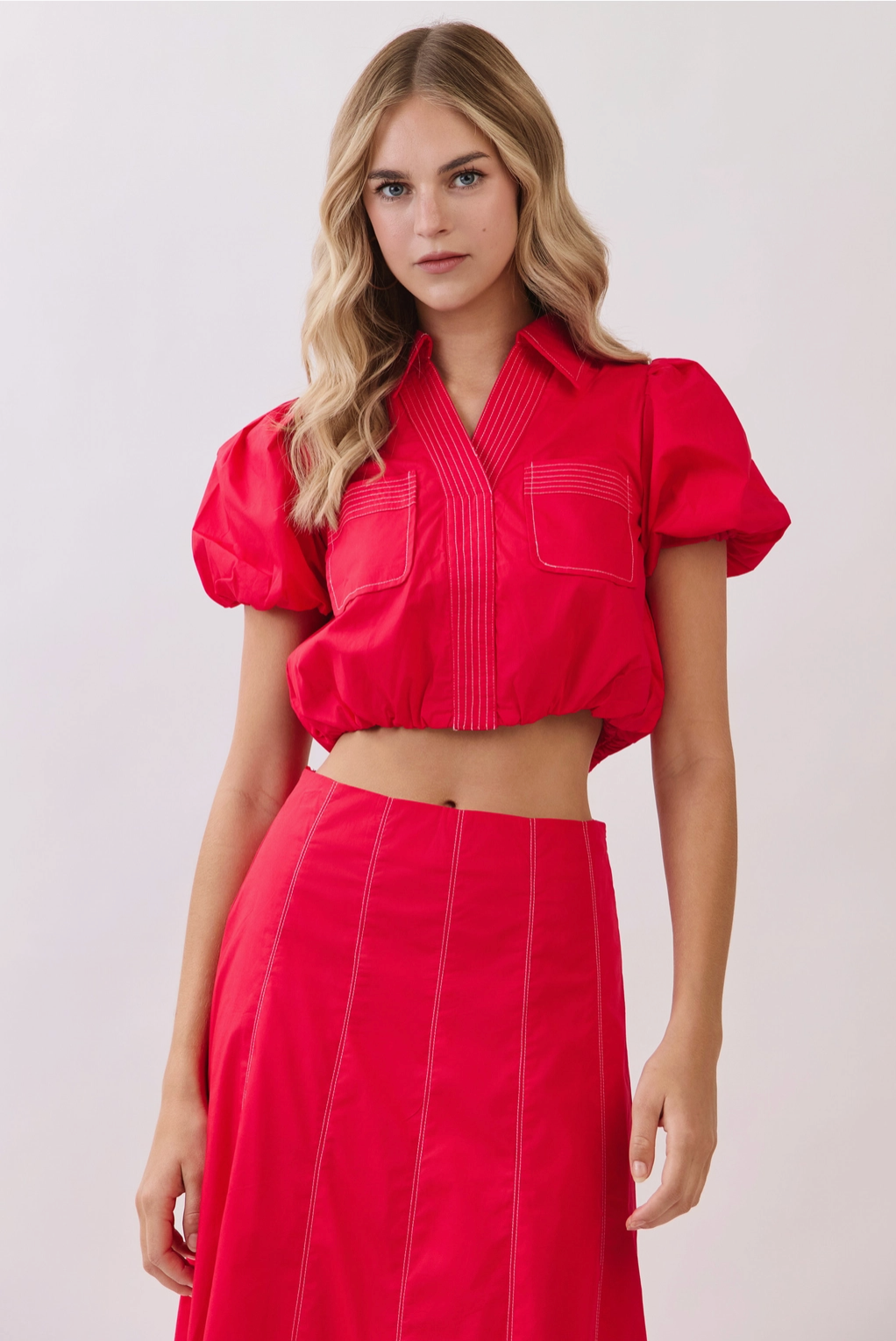 Contrast Topstitch Detail Cropped Blouse TCEC