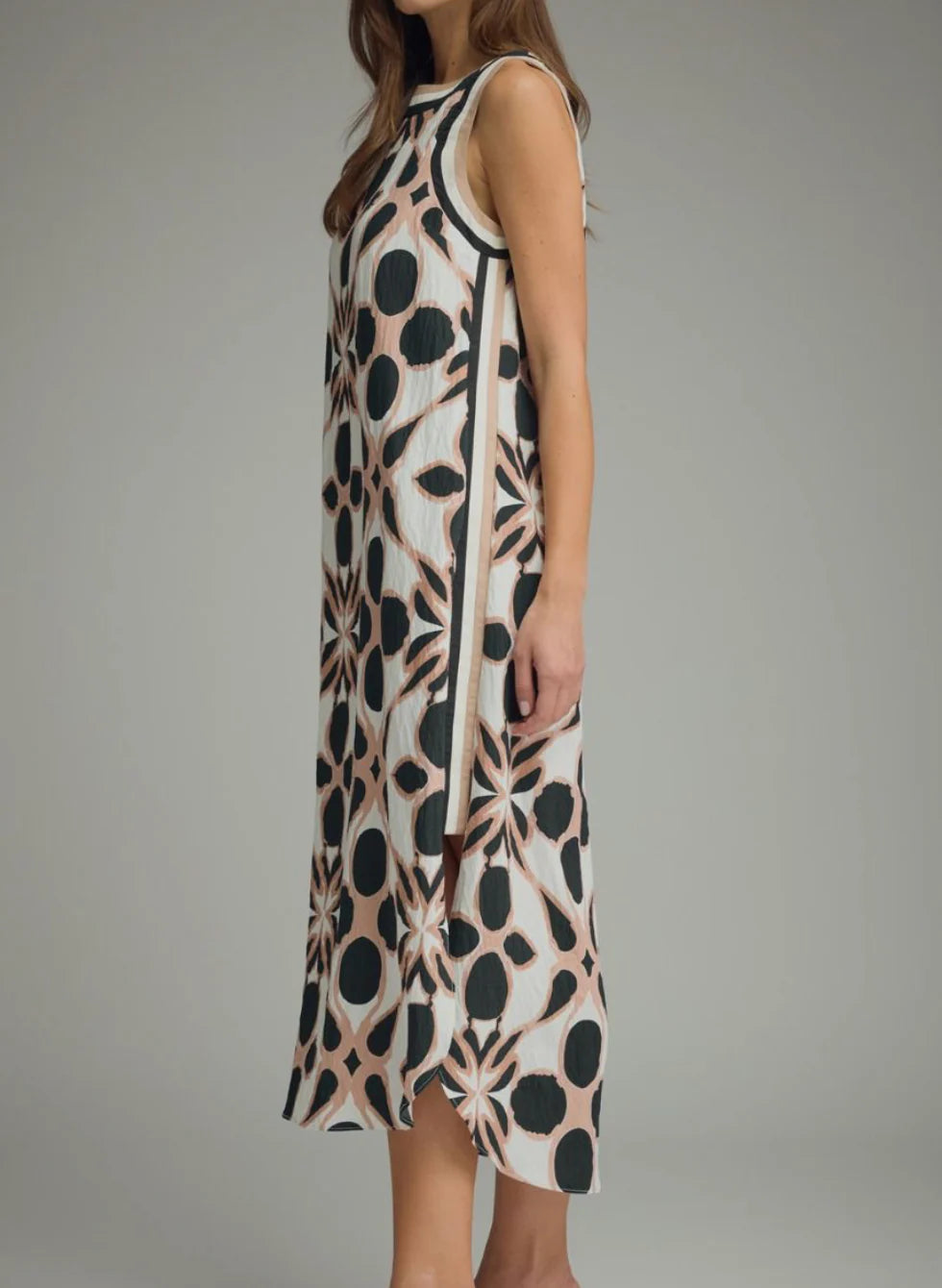 Neutral Abstract Sleeveless Midi Dress Entro