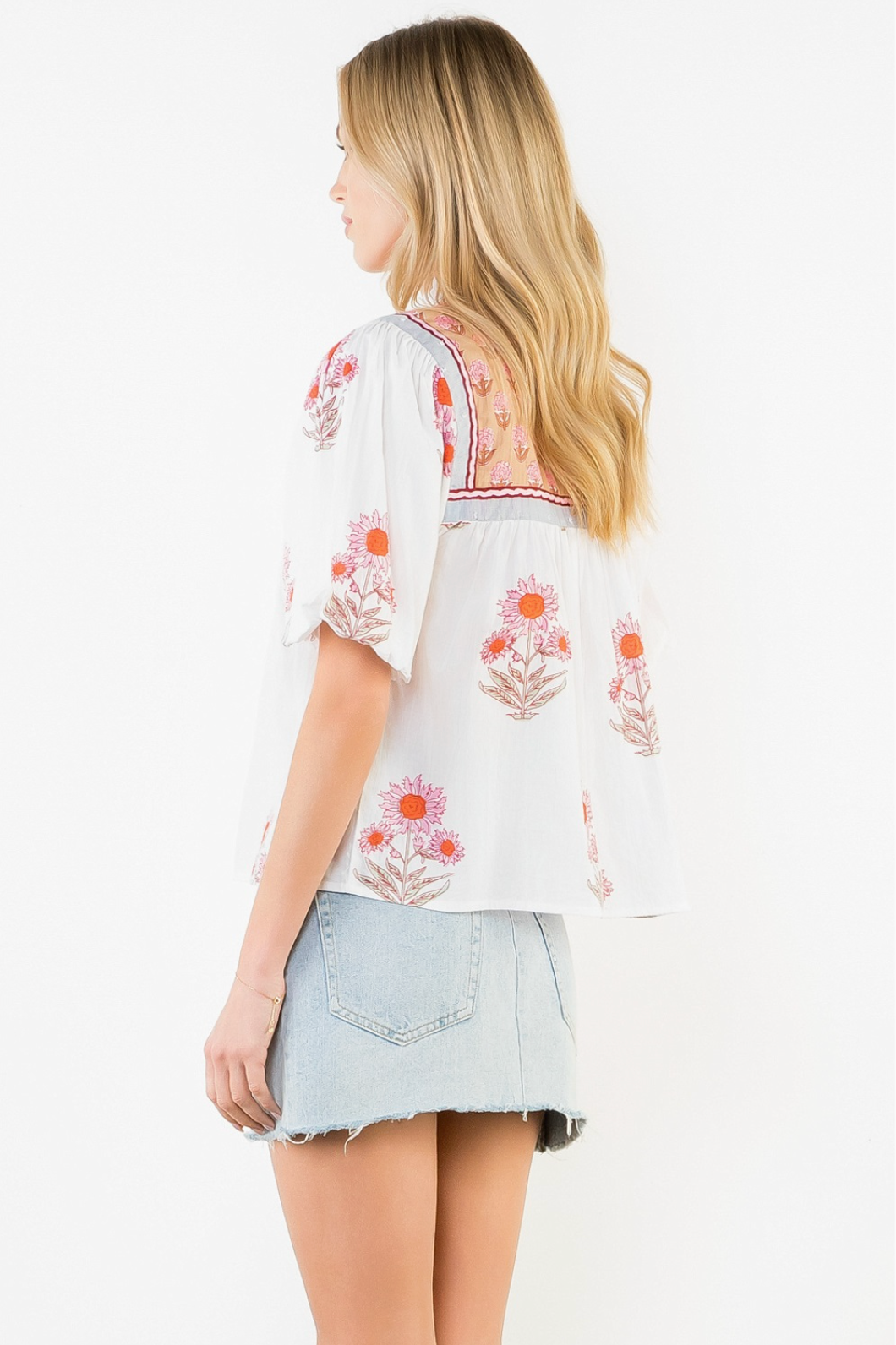 Puff Sleeve Floral Pattern Tassel Top THML