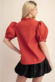 Puff Sleeve Ruffle V-Neck Textured Top Glam