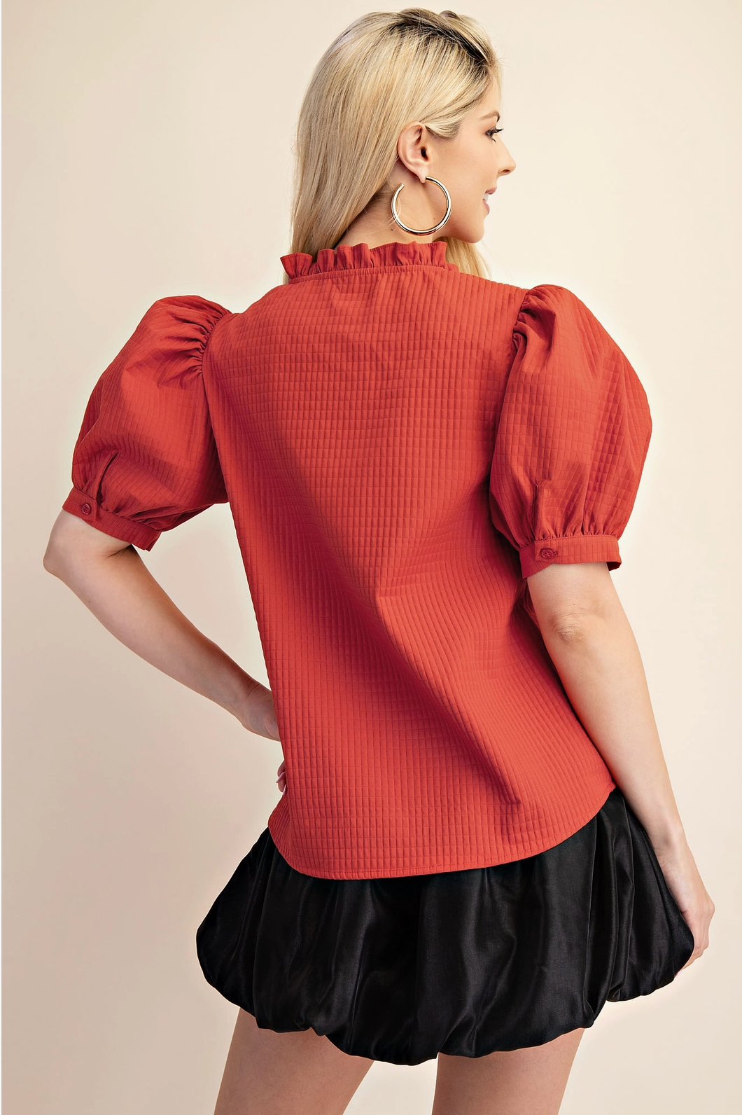Puff Sleeve Ruffle V-Neck Textured Top Glam