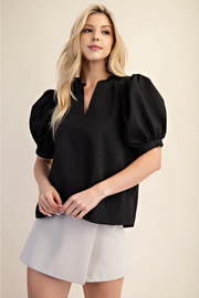 Puff Sleeve Ruffle V-Neck Textured Top Glam