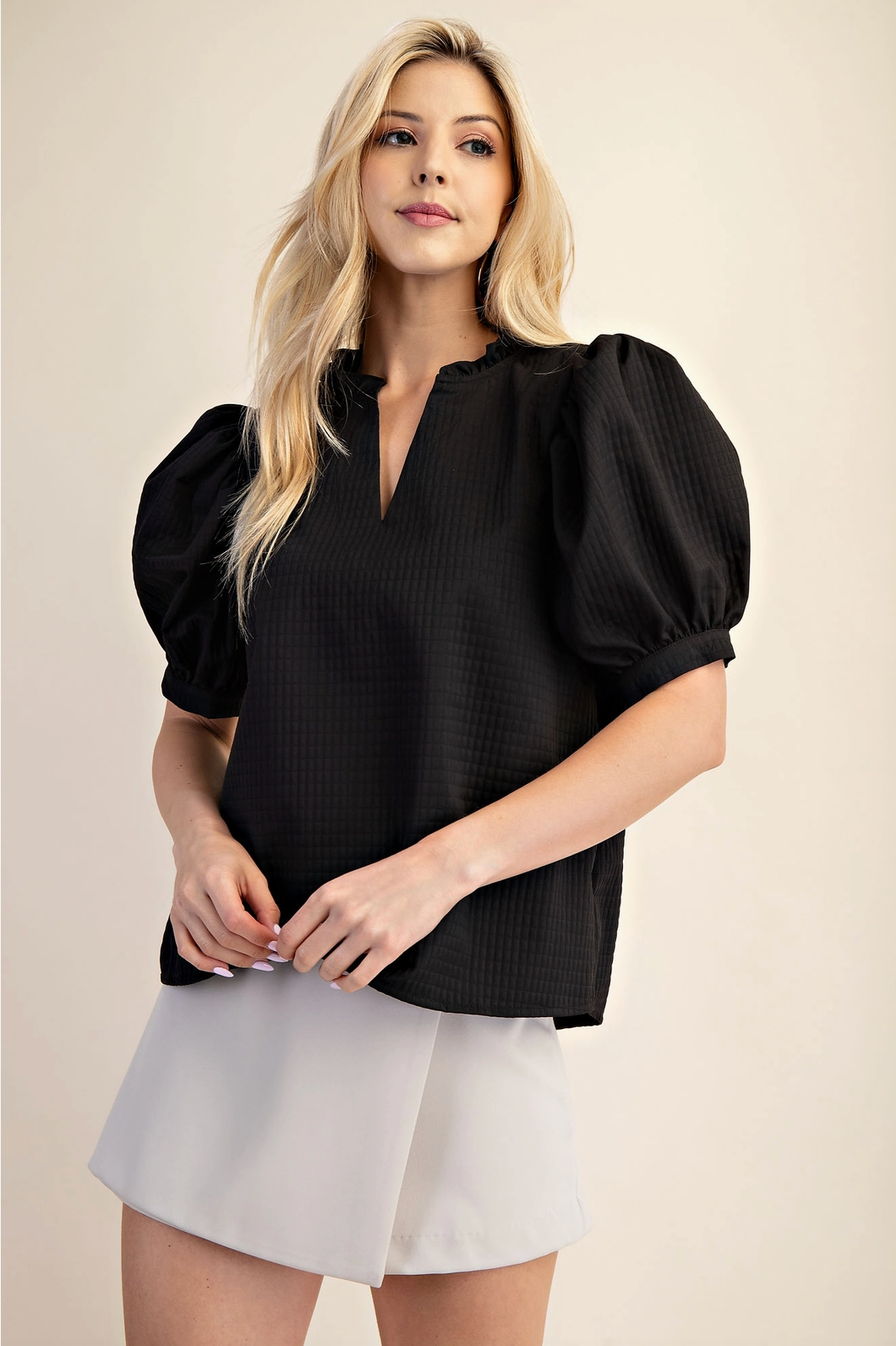 Puff Sleeve Ruffle V-Neck Textured Top Glam
