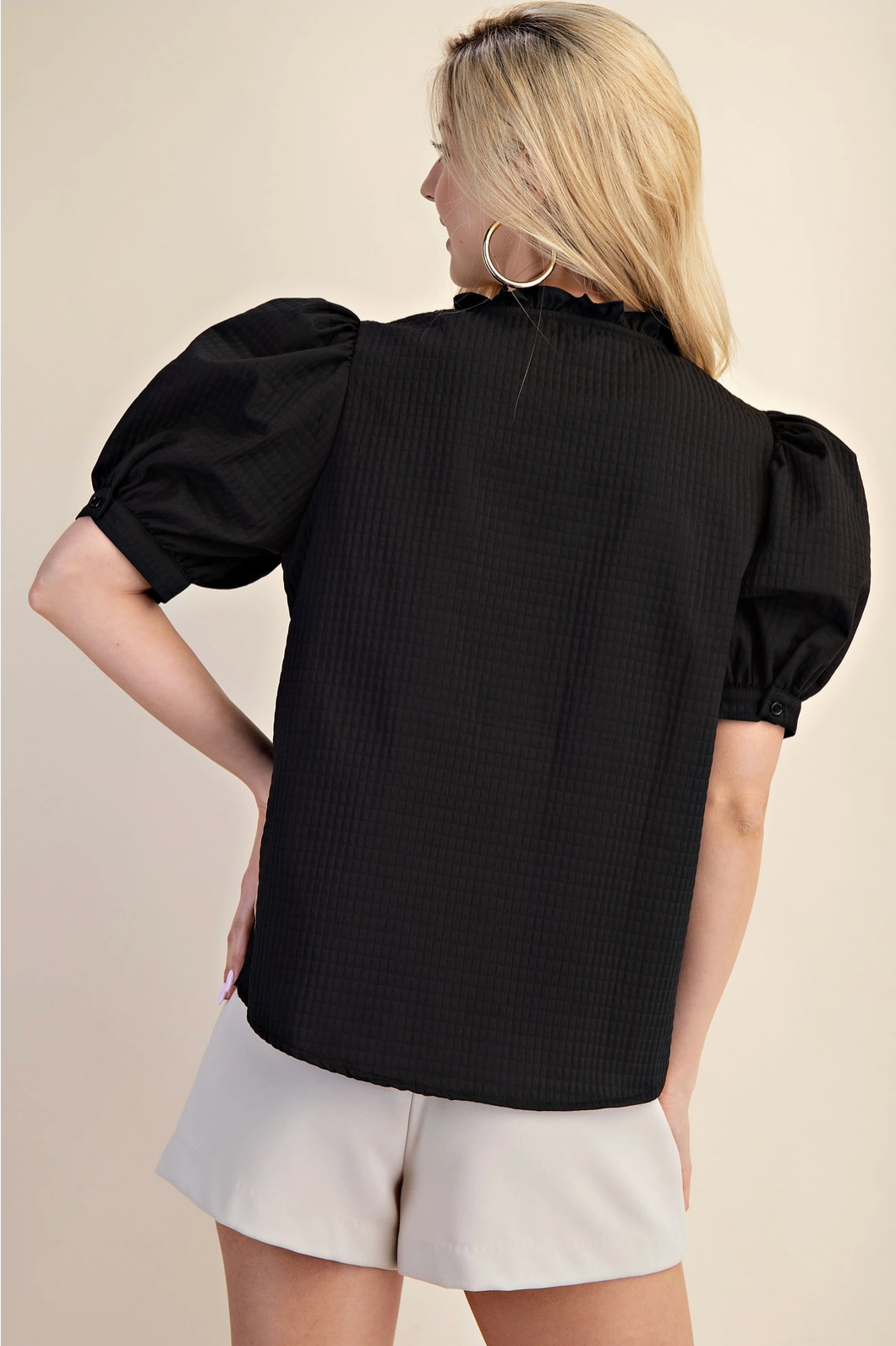 Puff Sleeve Ruffle V-Neck Textured Top Glam
