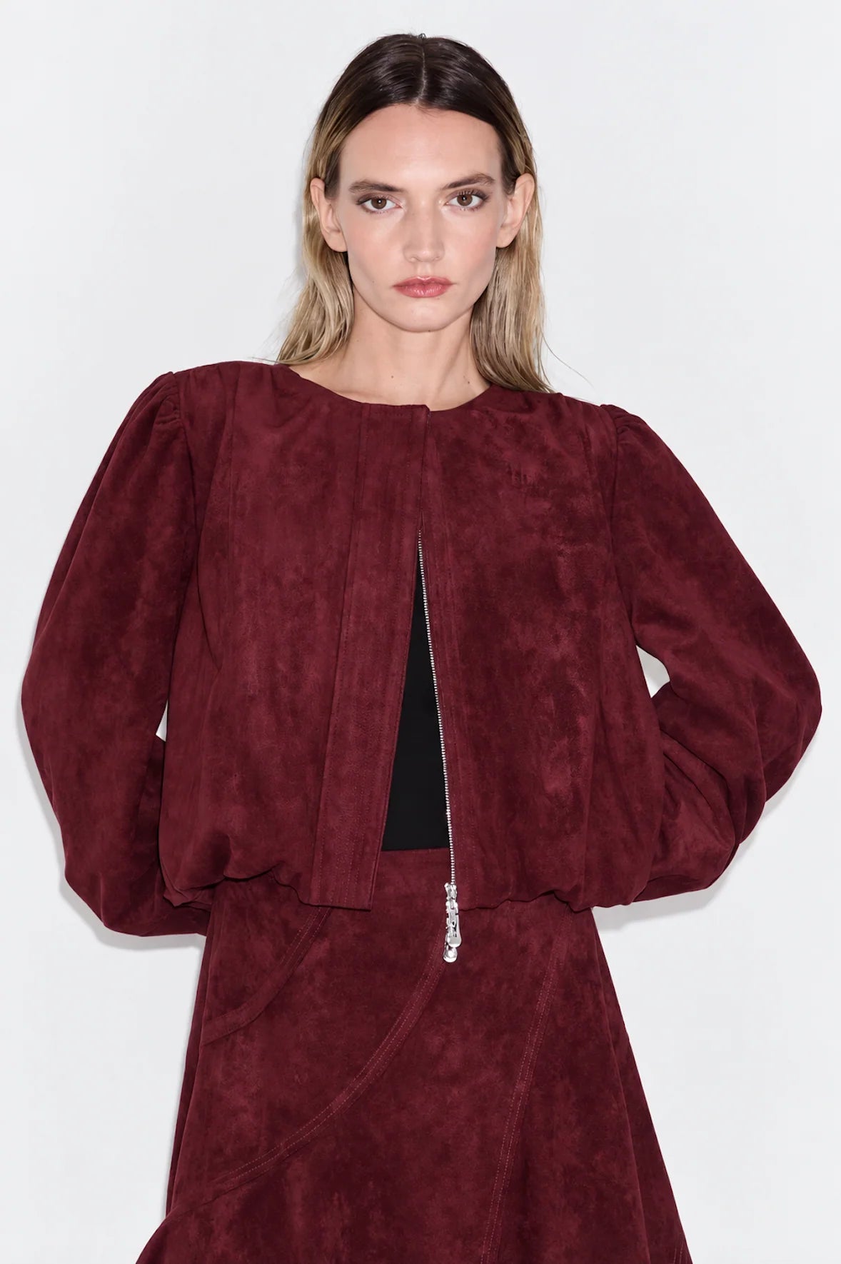 Donna Faux Suede Bubble Hem Jacket Ciebon