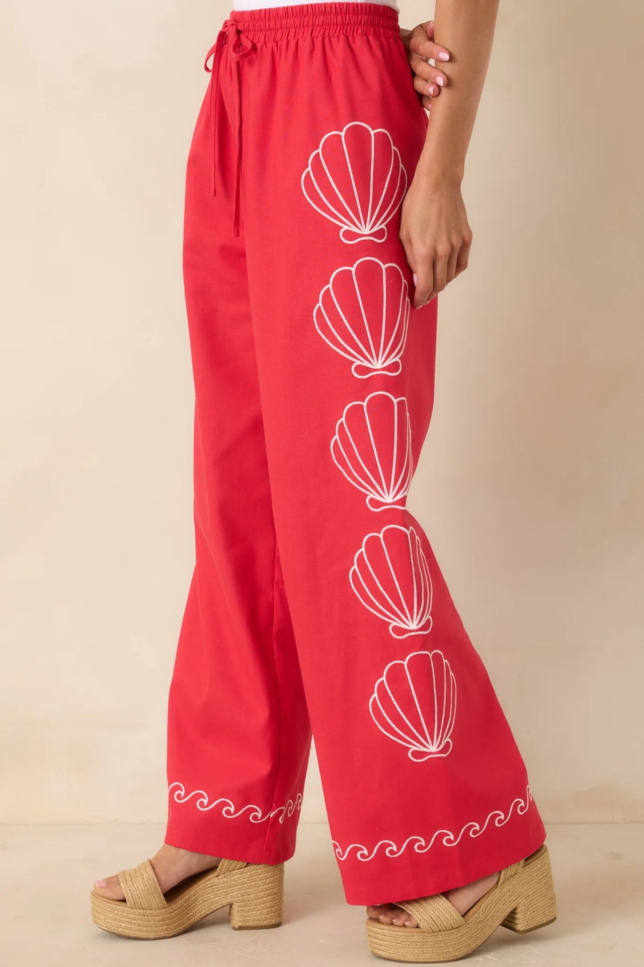 Seashell Embroidered Elastic Waistband Pants Fate