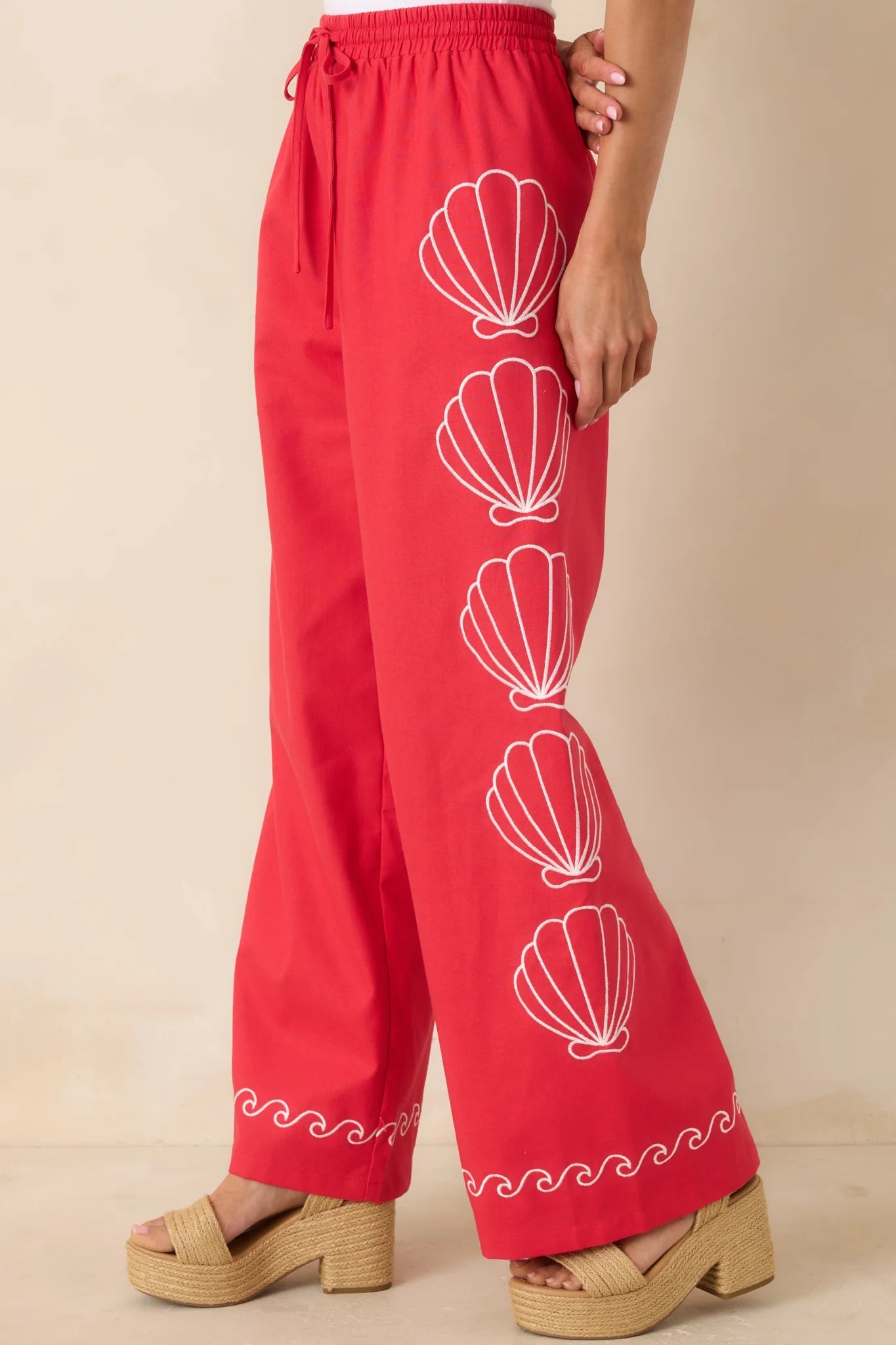 Seashell Embroidered Elastic Waistband Pants Fate