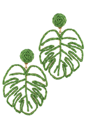 Monstera Raffia Leaf Earrings Green Golden Stella