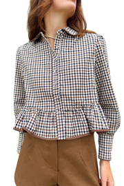 Long Sleeve Gingham Pattern Collared Top THML