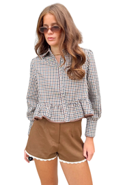 Long Sleeve Gingham Pattern Collared Top THML