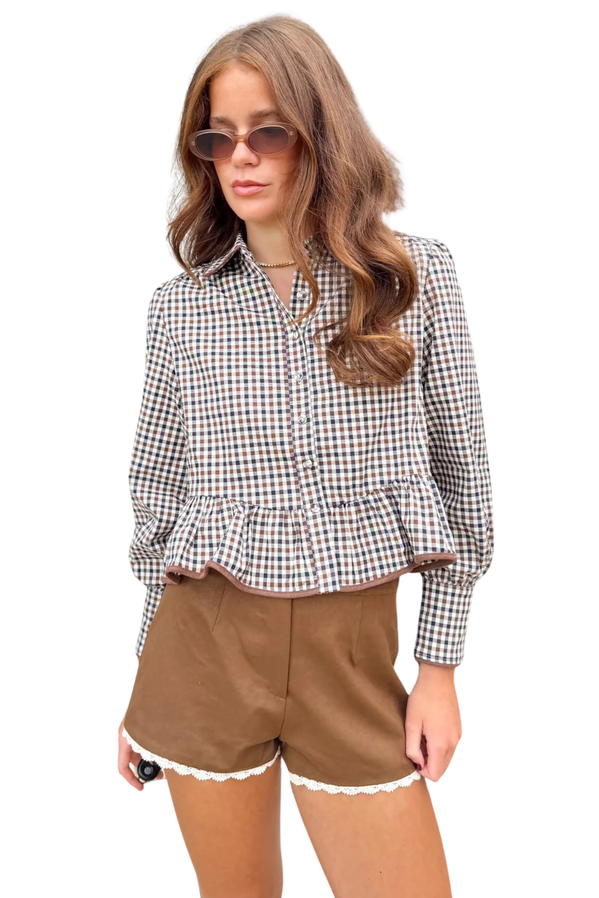 Long Sleeve Gingham Pattern Collared Top THML