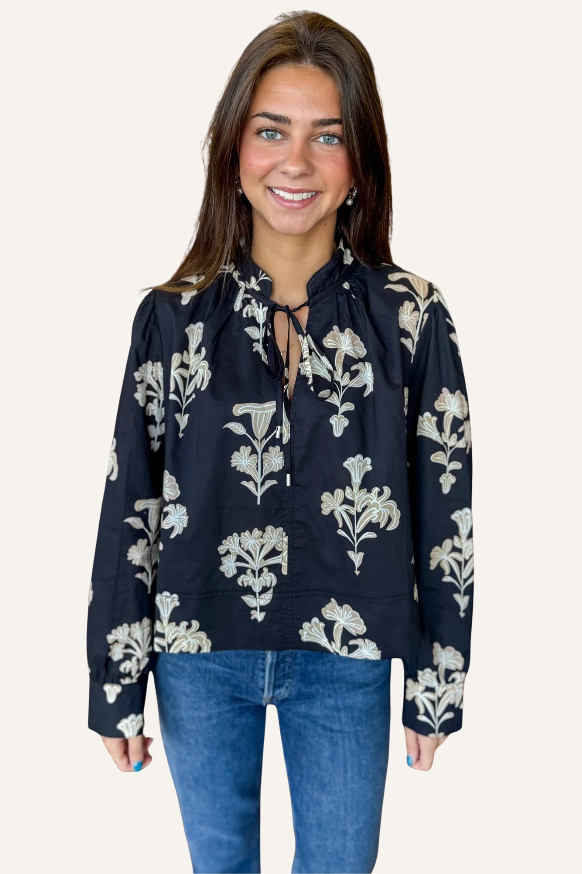 Black Floral Long Sleeve Top THML