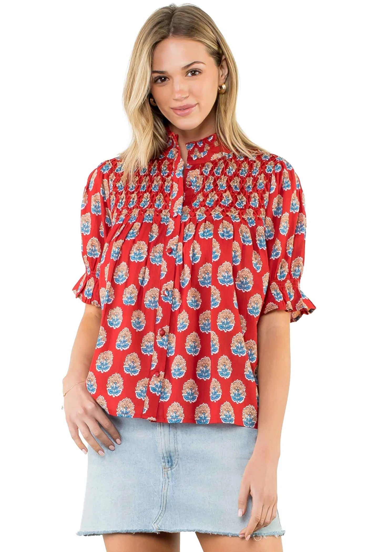 Short Sleeve Button Up Print Top THML