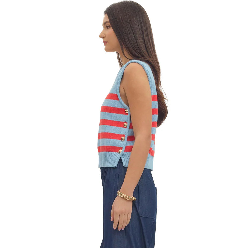 Stripe Sleeveless Knit Top with Gold Button Side Detail Entro