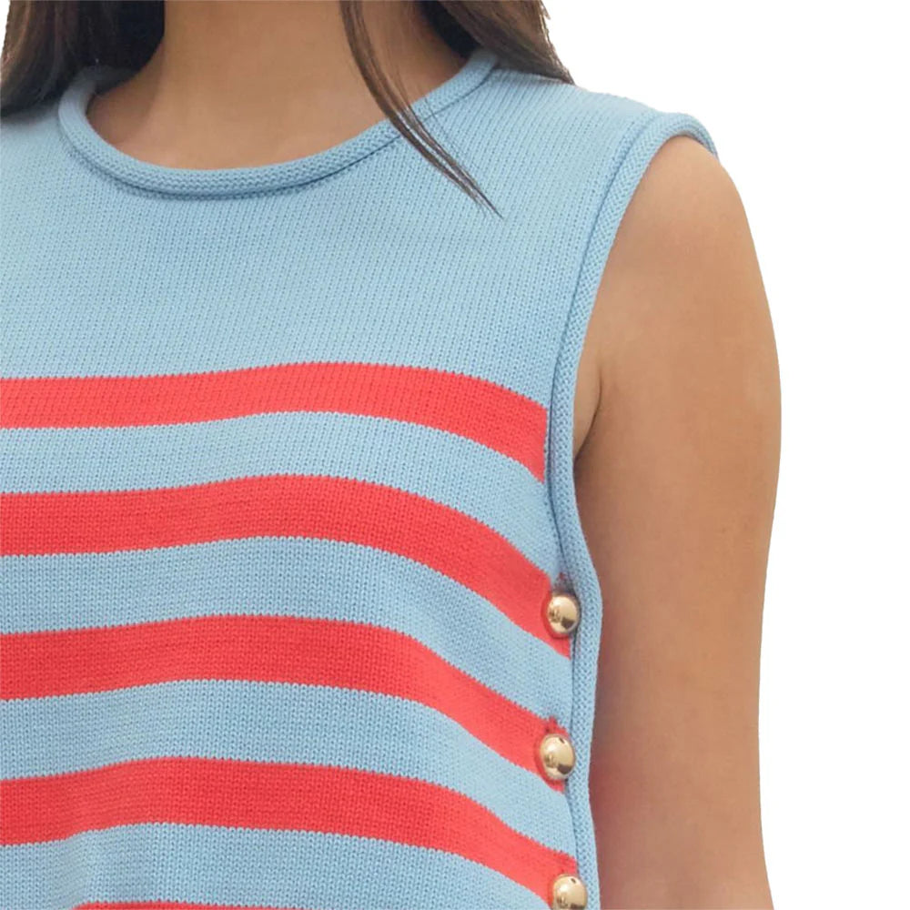 Stripe Sleeveless Knit Top with Gold Button Side Detail Entro