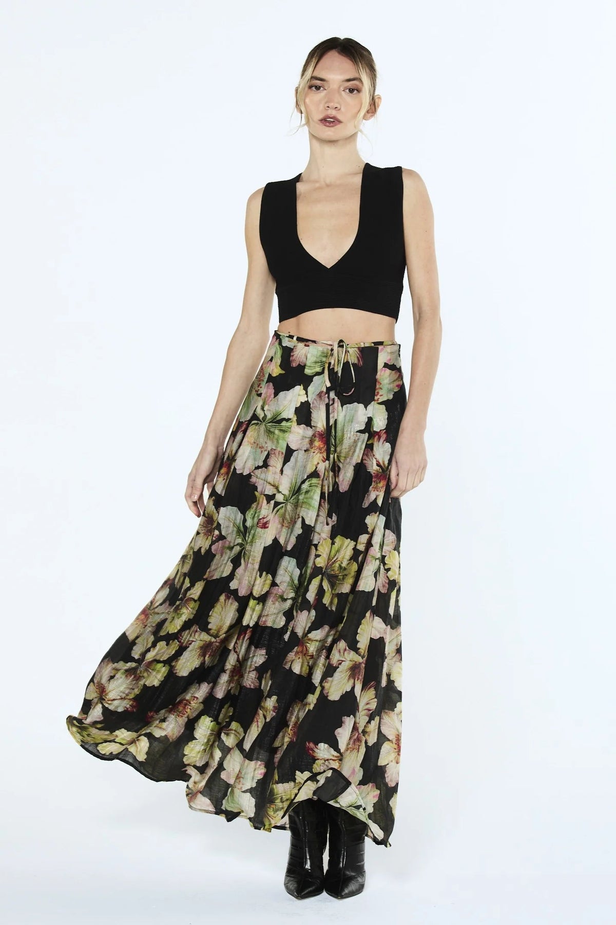 Darcy Pleated Floral Print Maxi Skirt Ciebon