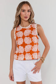 Shell Print Sleeveless Top with Wave Detail Pinch
