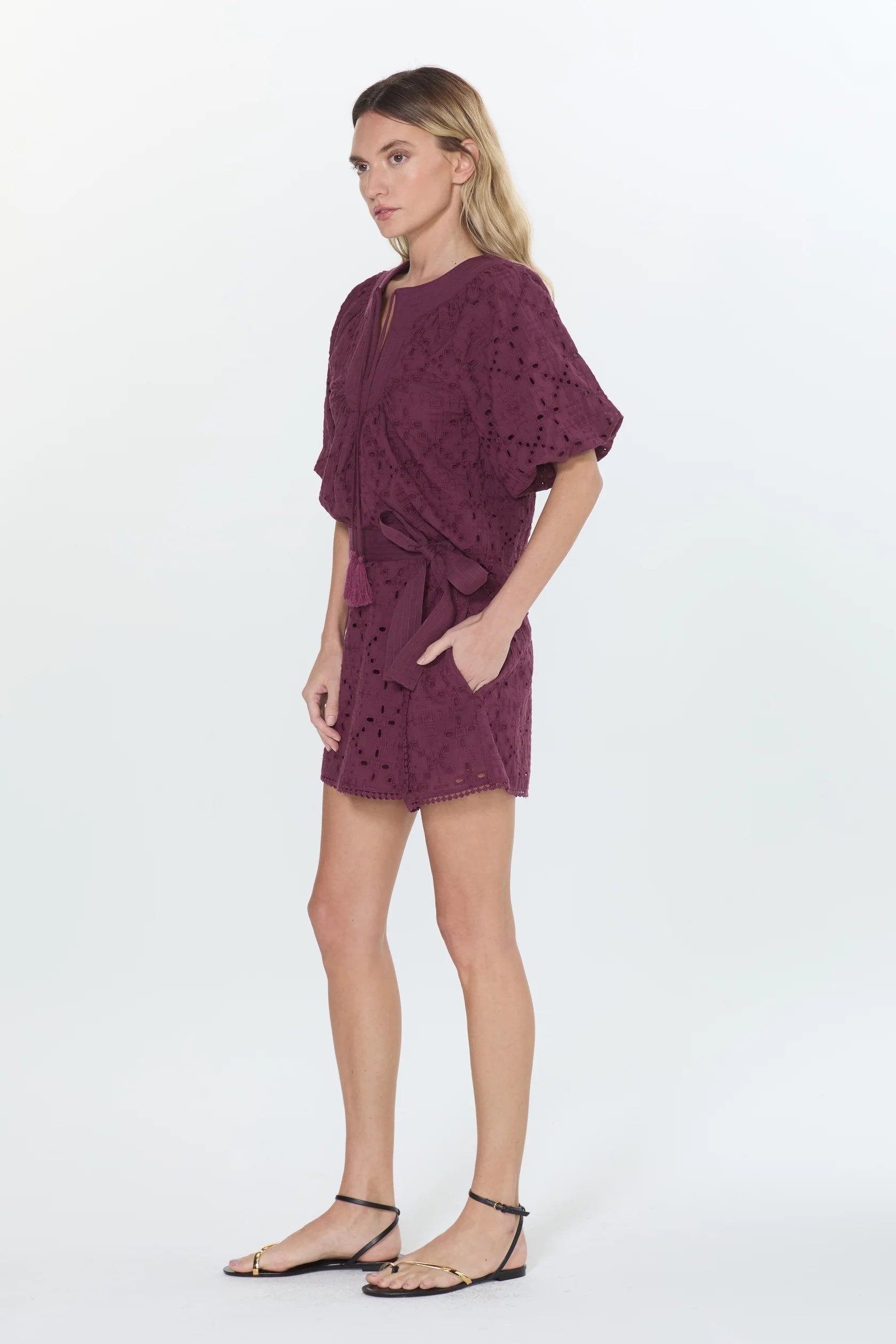 Amani Embroidered Eyelet Tie Waist Skort Ciebon