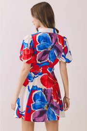 Bold Floral Print Belted Mini Shirt Dress TCEC