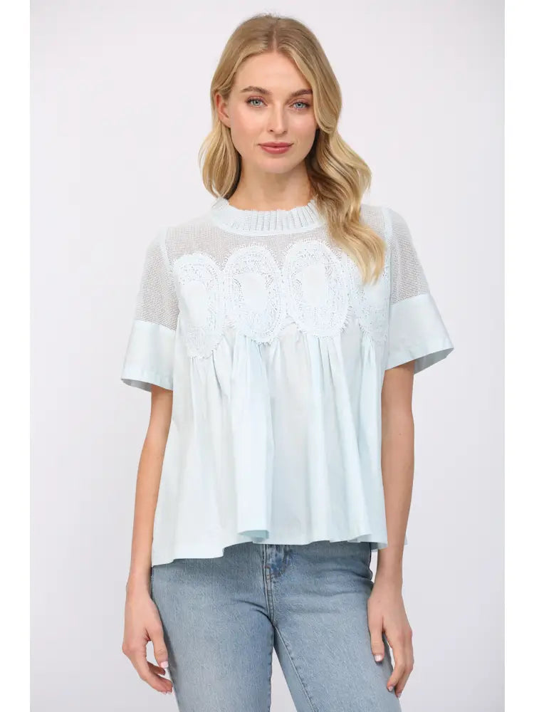 Mesh Combined Top with Applique Fate