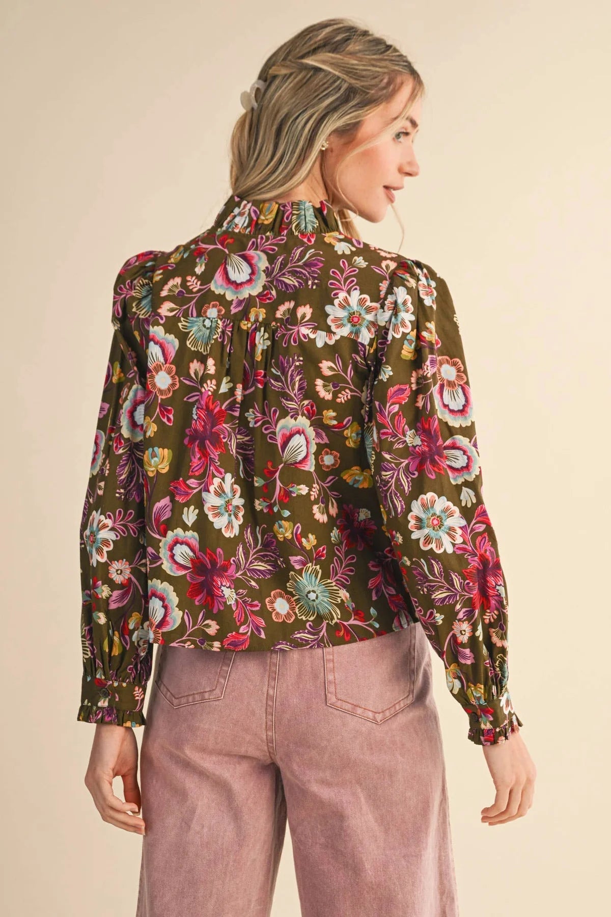 Floral Print Ruffled Button Down Top Merci