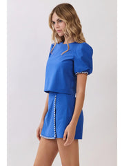 Whipstitch Trim Puff Sleeve Crop Top TCEC