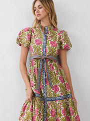 Floral Border Print Tie Waist Maxi Dress TCEC