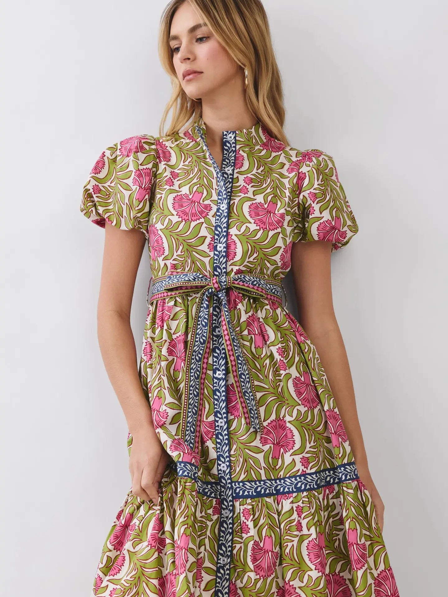 Floral Border Print Tie Waist Maxi Dress TCEC