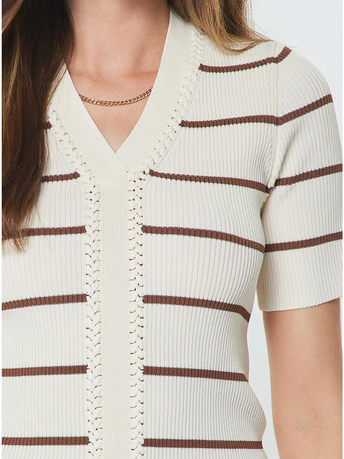 Braided V-Neck Ribbed Knit Sweater Top Current Air