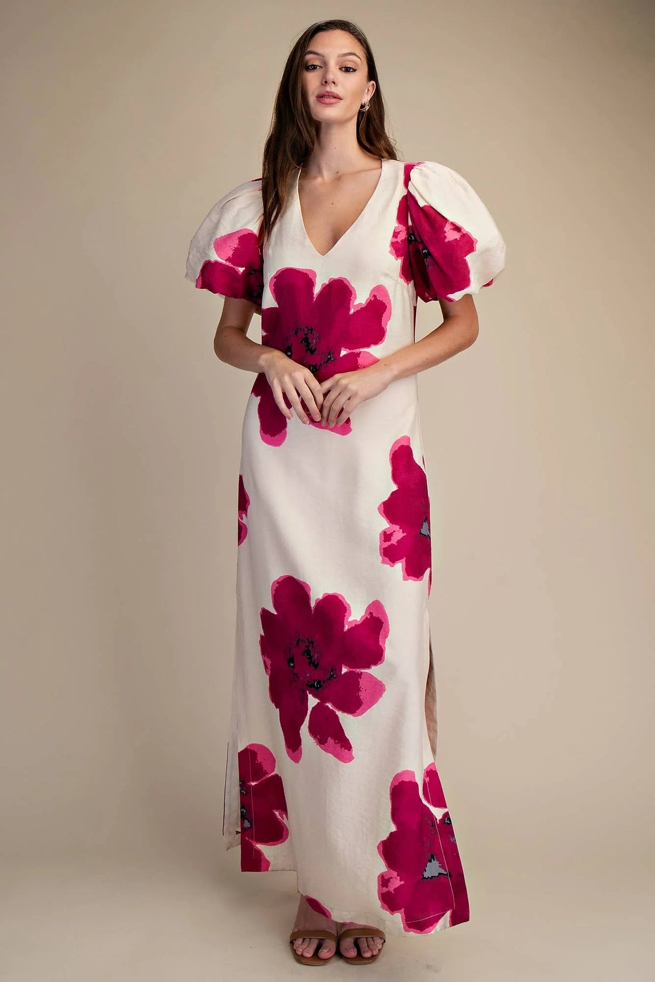 Floral Puff-Sleeve A-Line Maxi Dress Glam