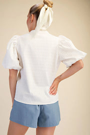 V-Neck Puff-Sleeve Textured Top Glam