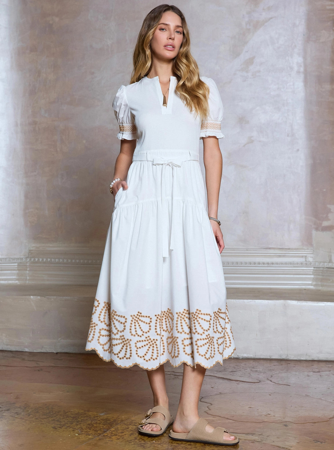 Embroidery Knit Woven Combo Midi Dress Current Air