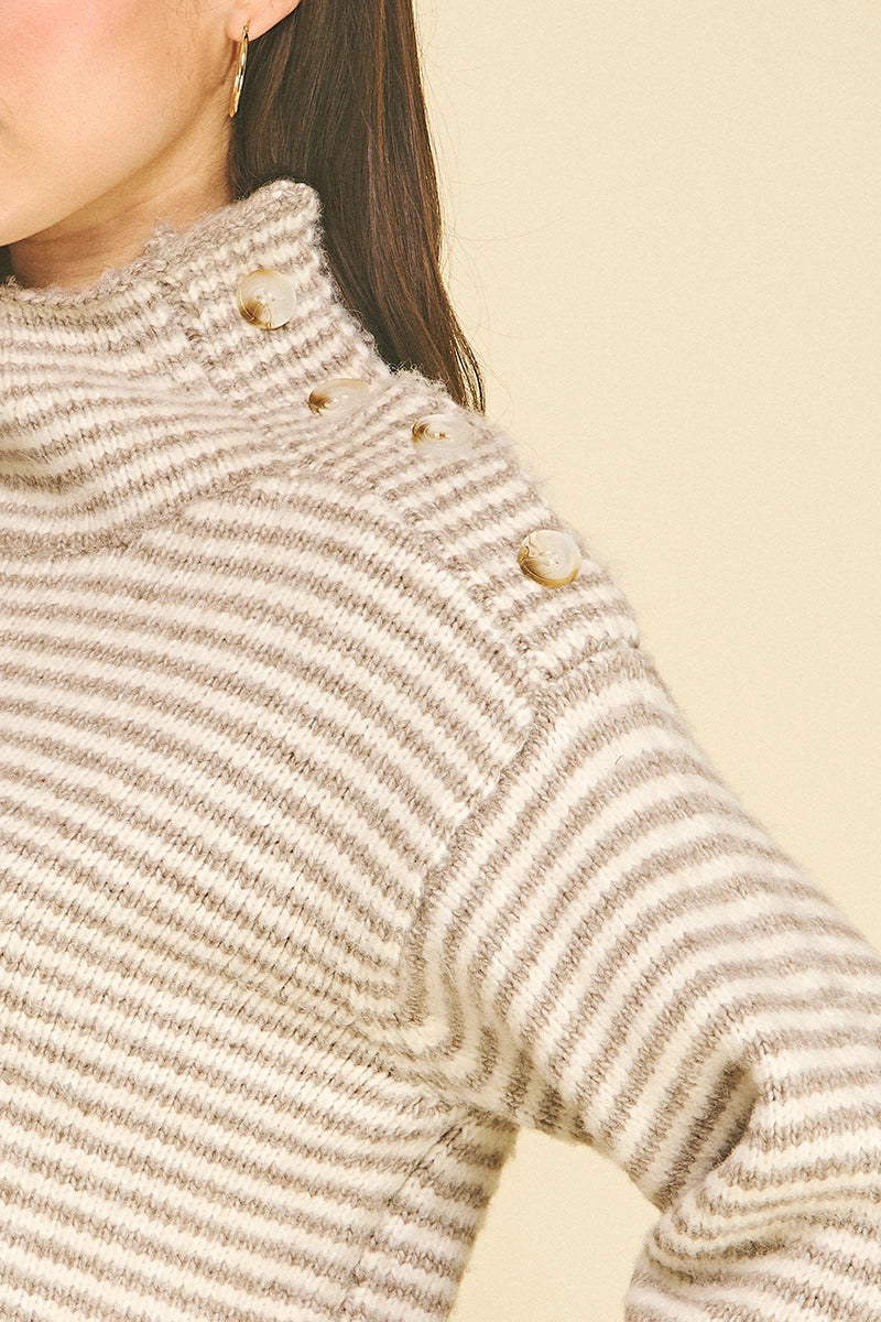 Striped Button Detailed Mock Neck Sweater Pinch
