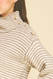 Striped Button Detailed Mock Neck Sweater Pinch