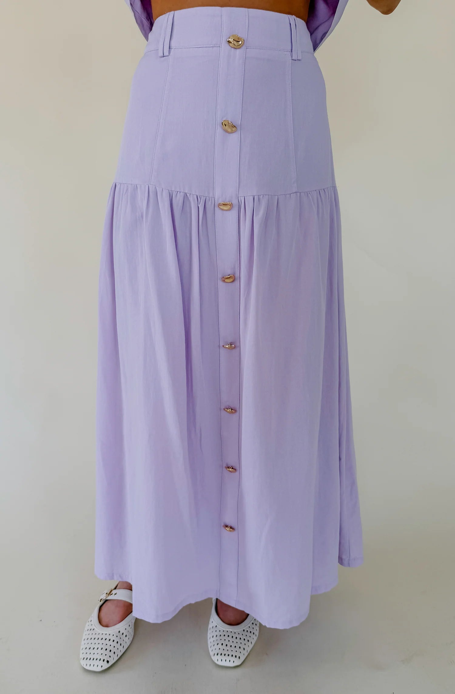 Decorative Front Button Detail Tiered Midi Skirt TCEC