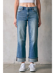 28" Mid Rise Classic Straight Jeans with Finished Cuffs Hidden Jeans