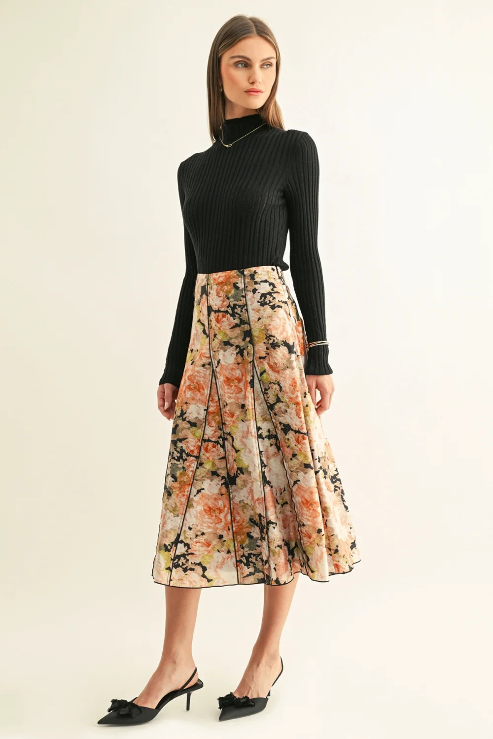 Amora Contrast Stitched Godet Midi Skirt Adelyn Rae
