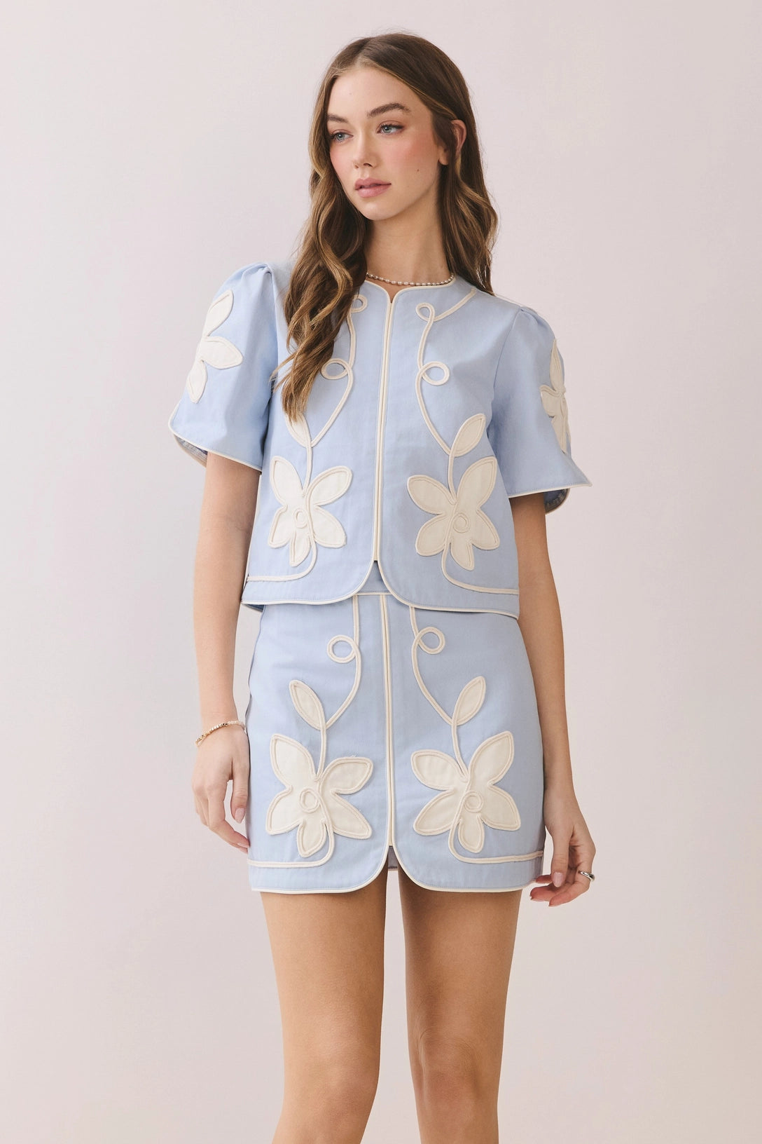 Floral Appliqué Front Slit Mini Skirt TCEC