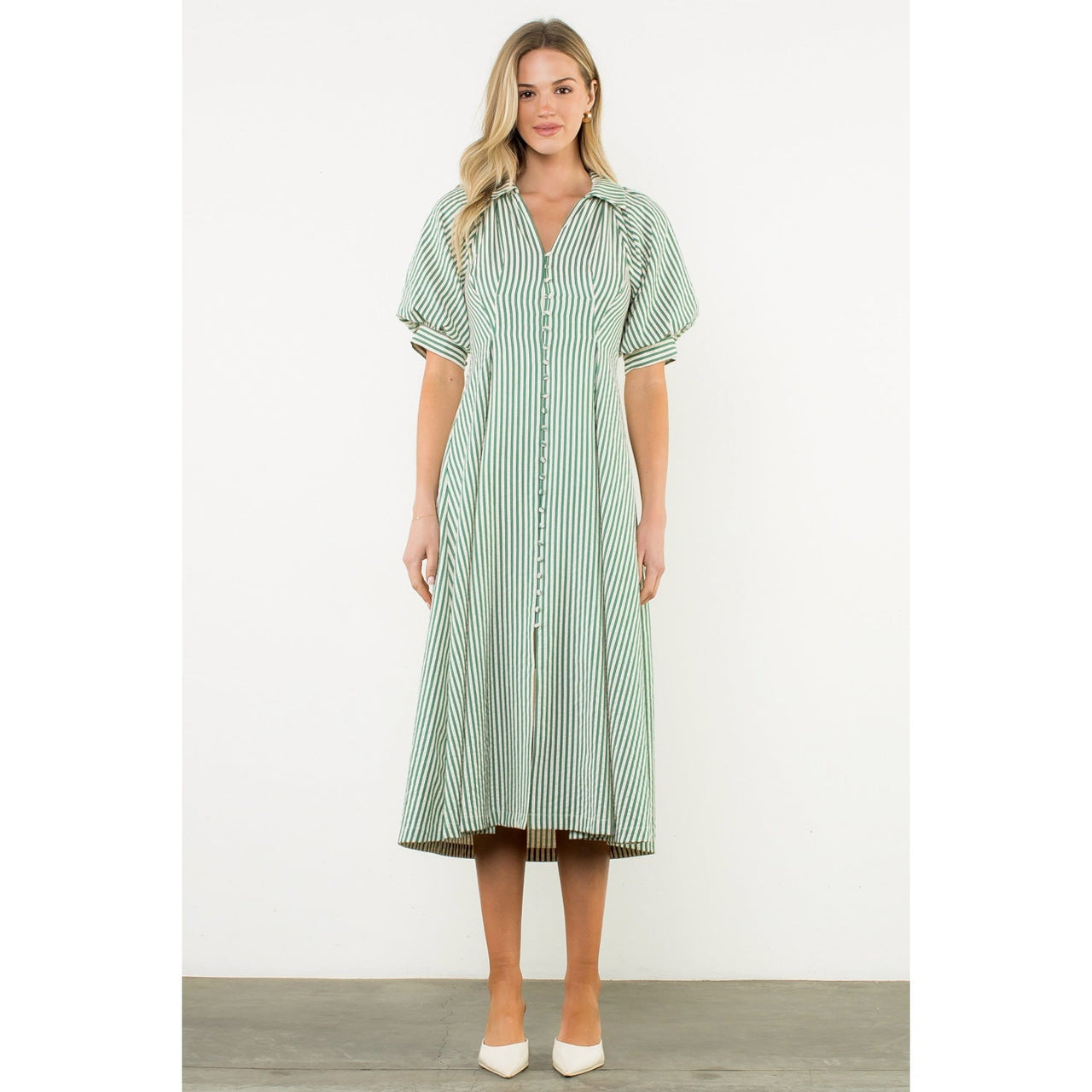 PUFF SLEEVE STRIPED TEXTURE MAXI  DRESS THML