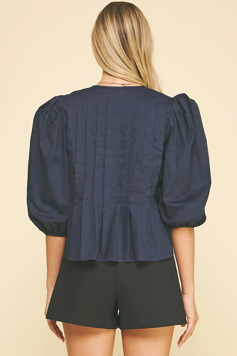 Puffed Sleeve Tie Front Top Pinch