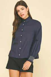 Ruffled Mock Neck Shirt with Smocked Cuff Pinch