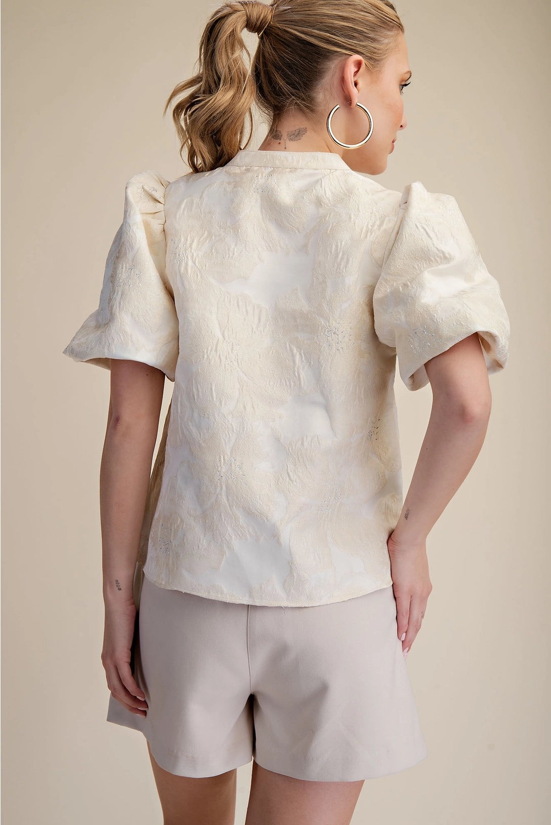 V-Neck Puff Sleeve Jacquard Top Glam