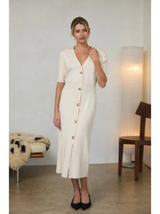 Ribbed Short Sleeve Midi Dress with Gold Buttons Skies are Blue