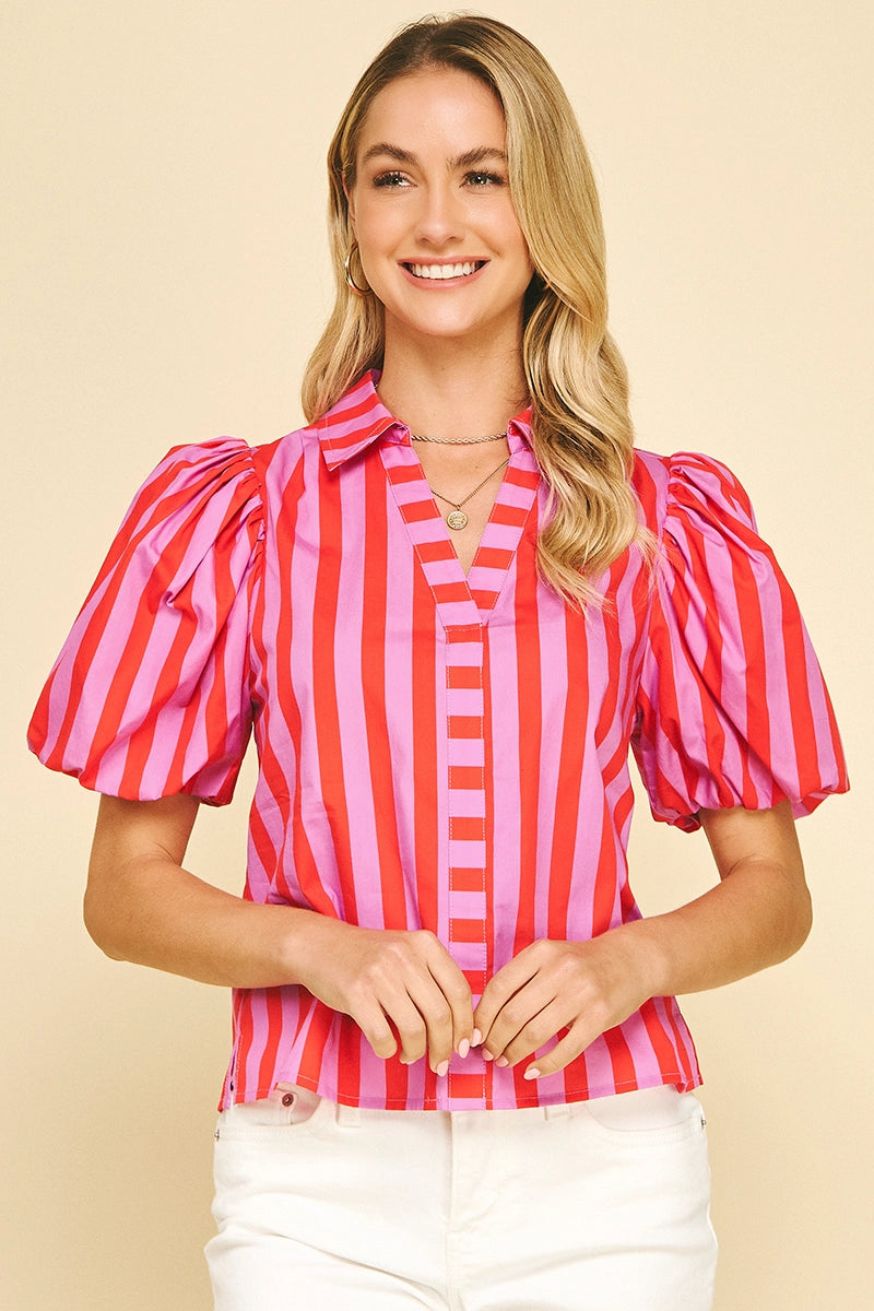 Striped Balloon Sleeve Blouse Top Pinch