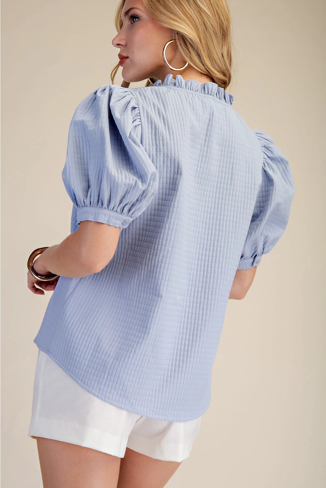 Ruffle V-Neck Puff Sleeve Top Glam