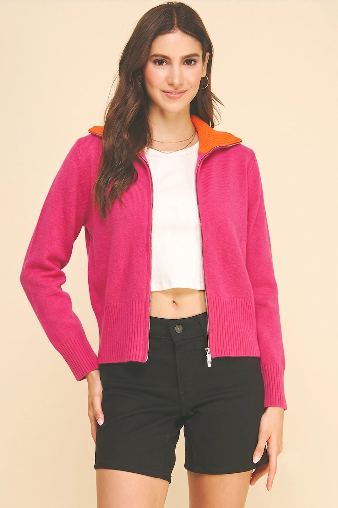 Color Block Collar Full Zip Knit Cardigan Pinch