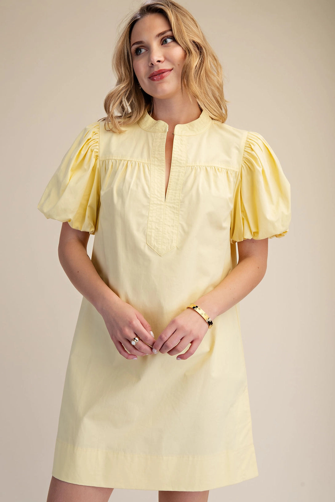 China Collar V-Neck Bubble Sleeve Mini Dress