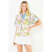 Puff Sleeve Pattern Detail V-Neck Top THML